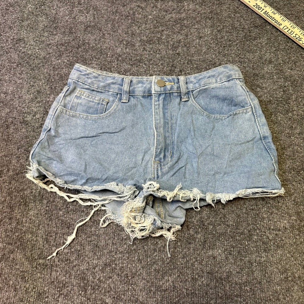 Shein Denim Shorts Womens Size XS Light Wash Distressed Savage Graphic Cut Off